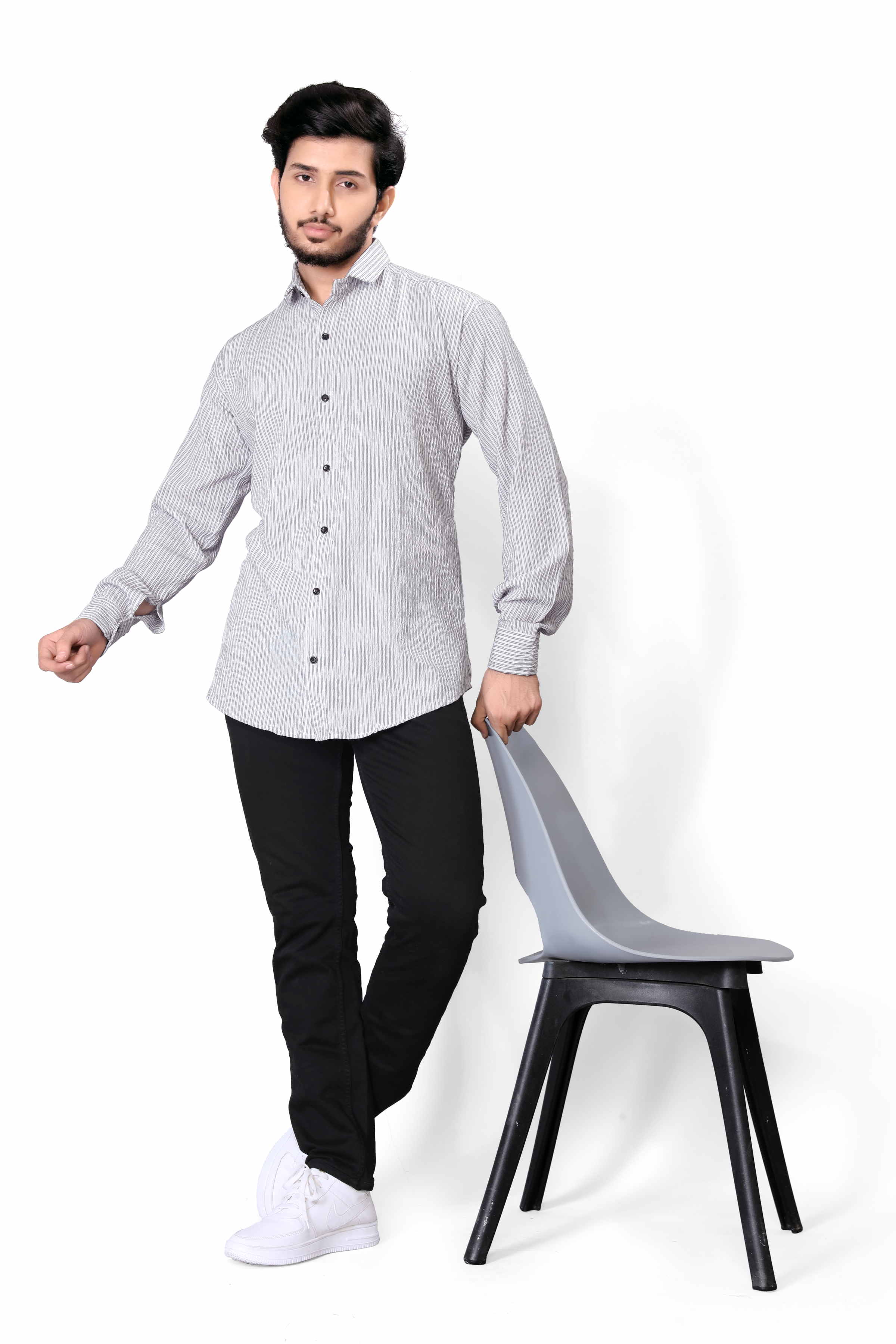 Men’s White & Black Striped Slim Fit Formal/Casual Full Sleeve Shirt